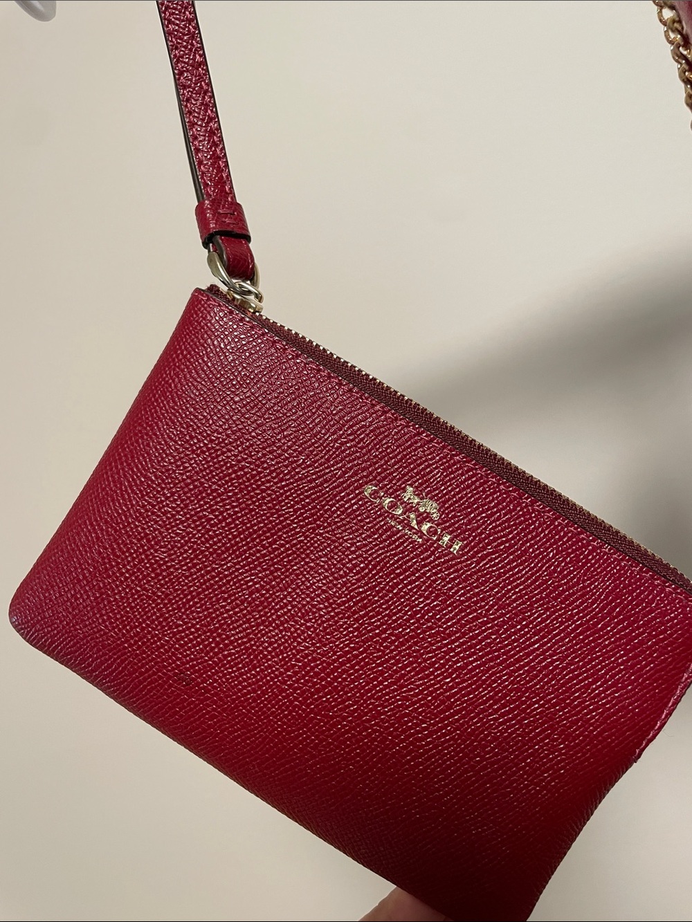 Coach Red Burgundy Pebbled Leather Wristlet with Gold Logo